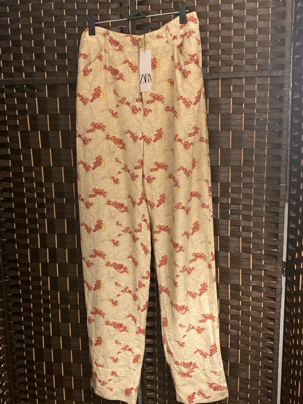 Zara Cream Trousers with Red Floral Print Size Small